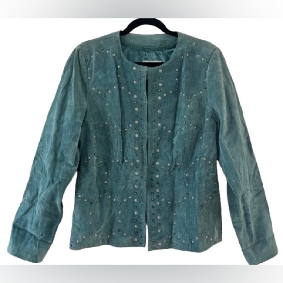 90s Bradley Bayou Teal Suede Leather Jacket
Beaded Front
Size Large - Picture 1 of 6